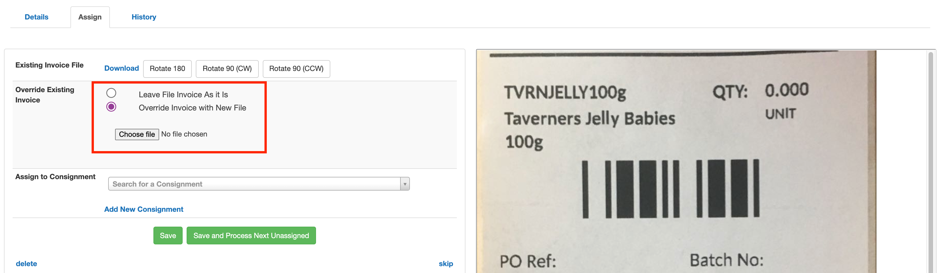 Assigning Documents (Consignment Invoices, Sale Order Invoices & PODs)