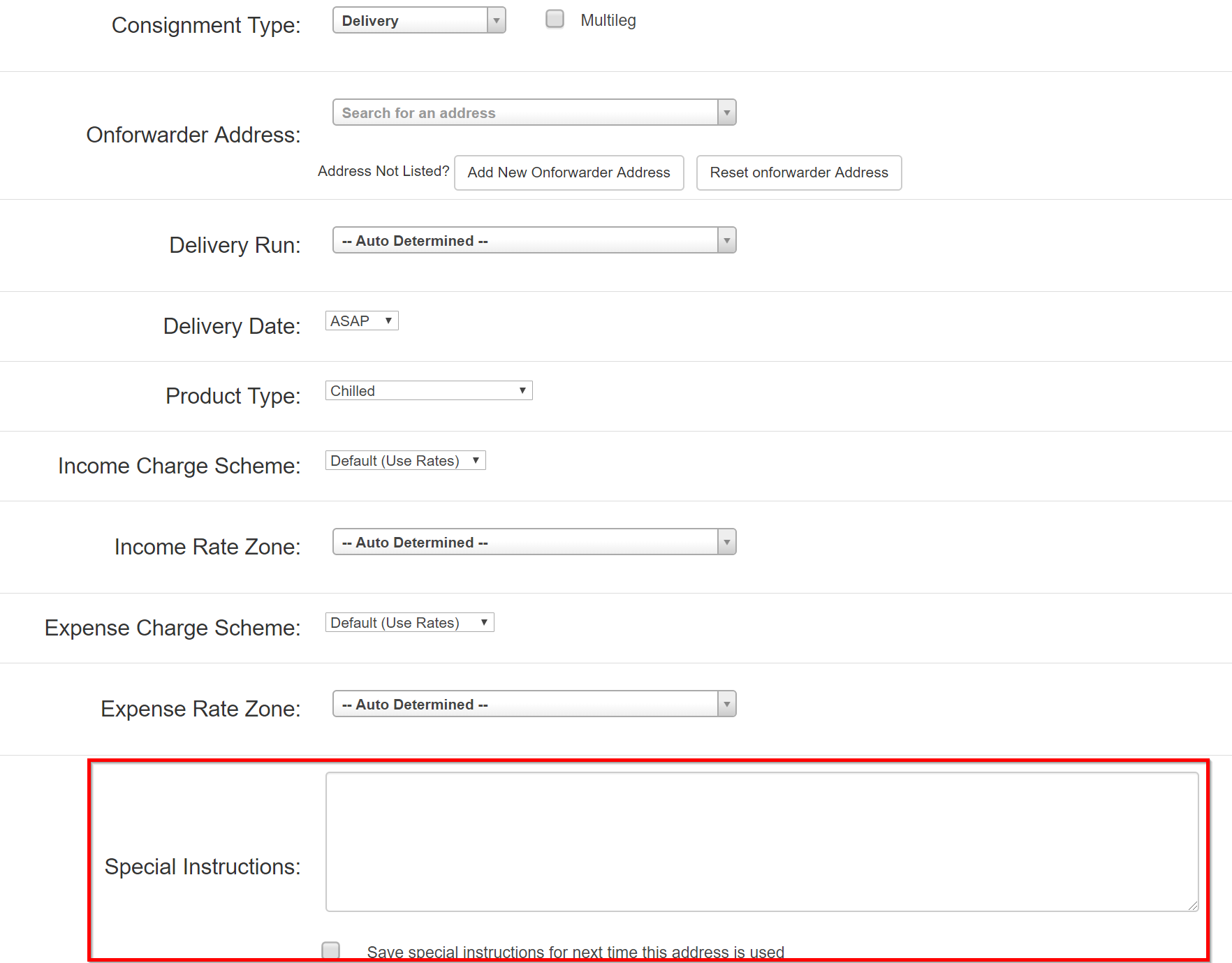 Special Instructions and Driver Delivery Instructions