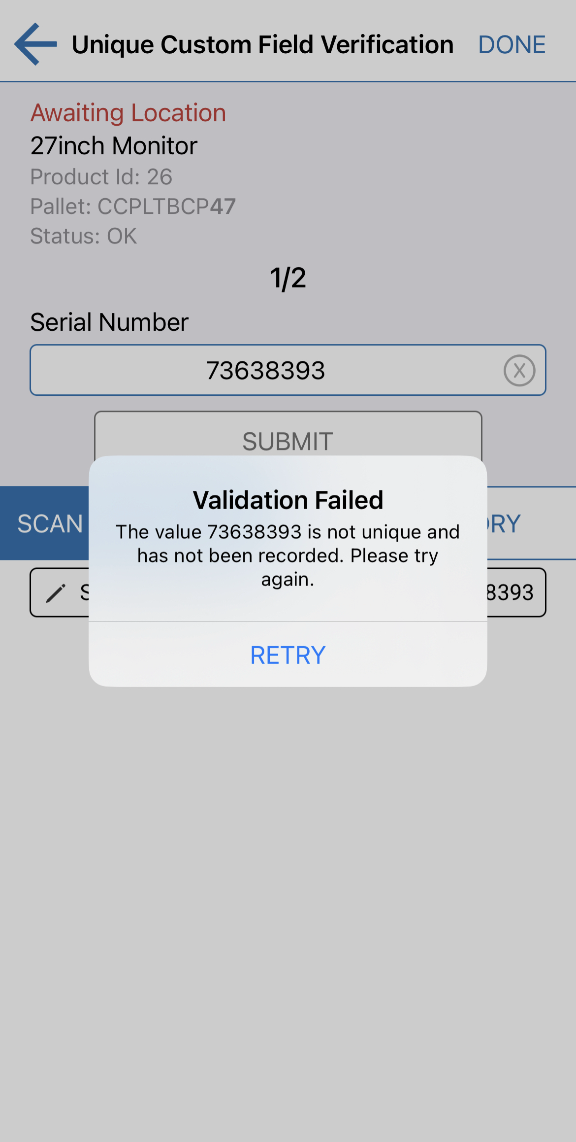 Purchase Order (inbound) unique reference scanning