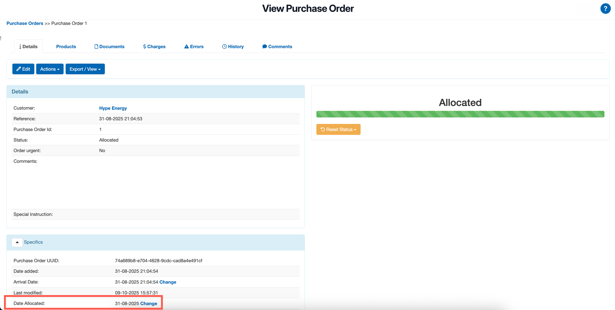 Changing the Allocated Date of a Purchase Order