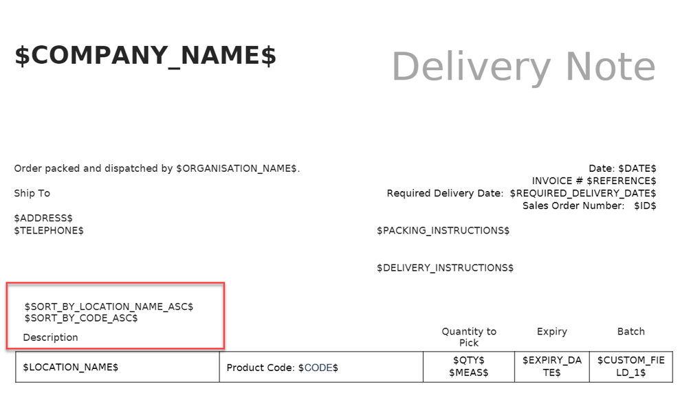 Document Template Placeholders - Sale Order Pick List