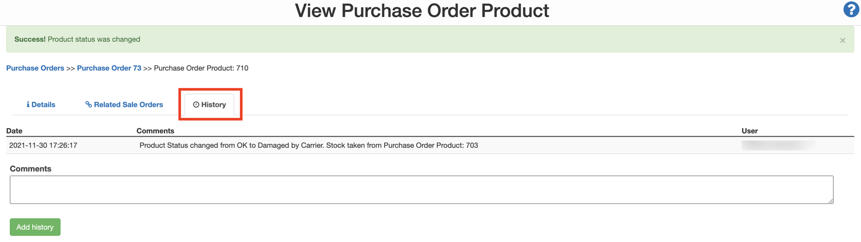 How to change the status of a Purchase Order Product (Stock)
