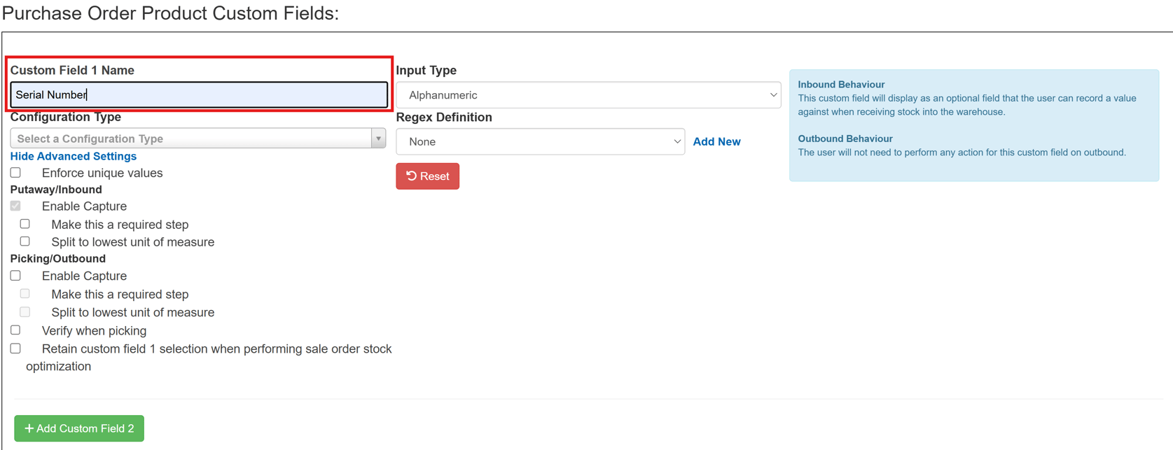 Setting up Custom Fields for Purchase Order Products