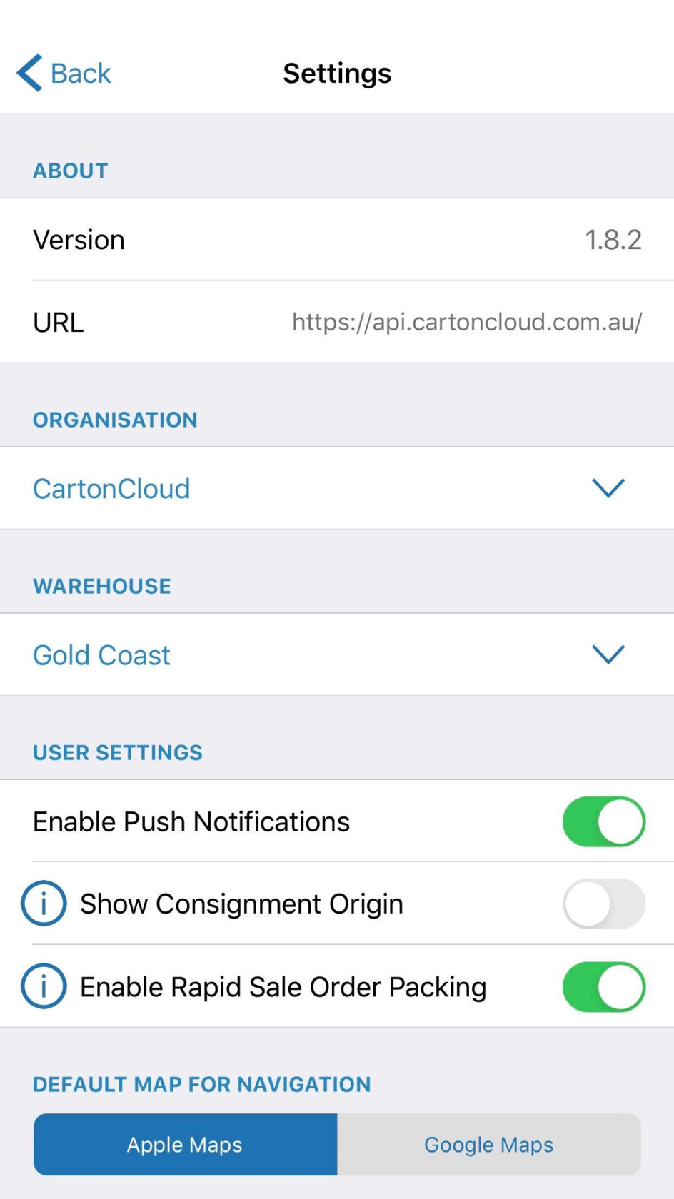 Settings view